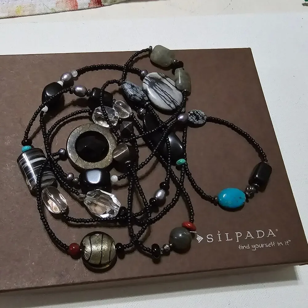SILPADA NECKLACE SS Hematite Turquoise Pearl Obsidian Bronzite Boho N1967‎